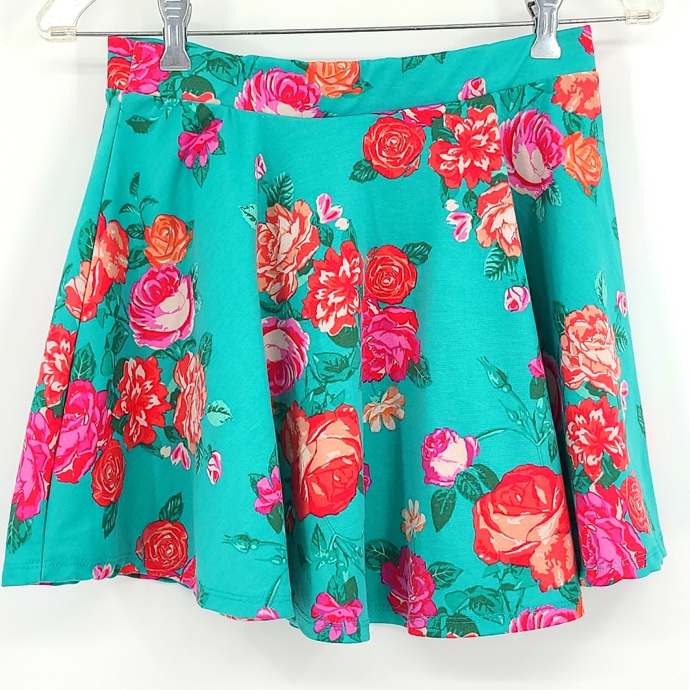 Ambiance apparel Large  teal green peach pink floral print a line mini skirt